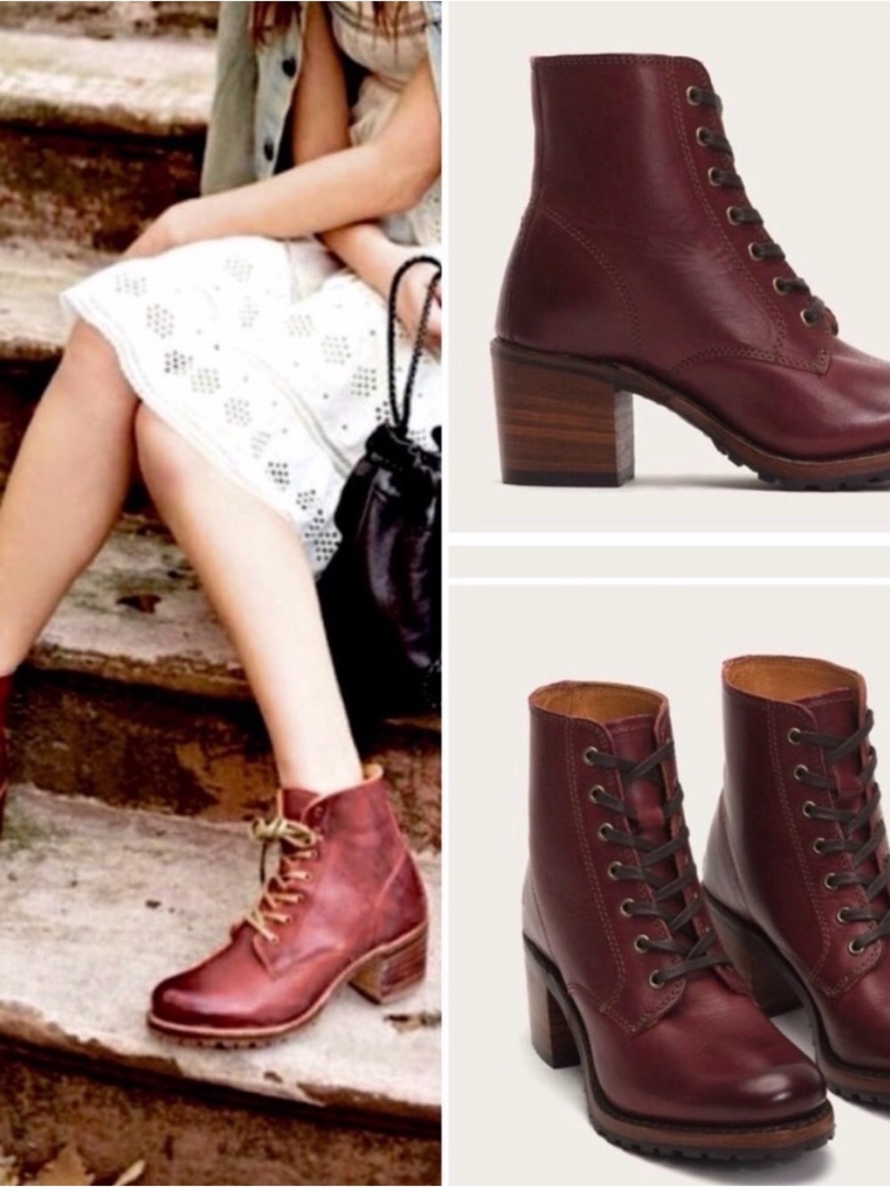 New Frye Sabrina 6g Burgundy Leather Lace-Up Block Heel Boots